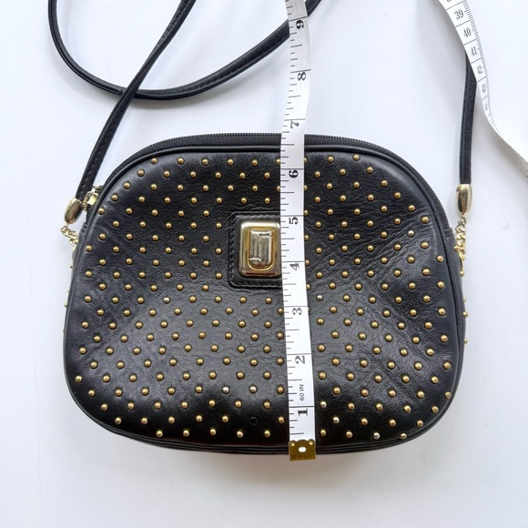 Vintage Judith Leiber Black Leather Gold Studded Red Lined Crossbody Bag Spain - Picture 12 of 16
